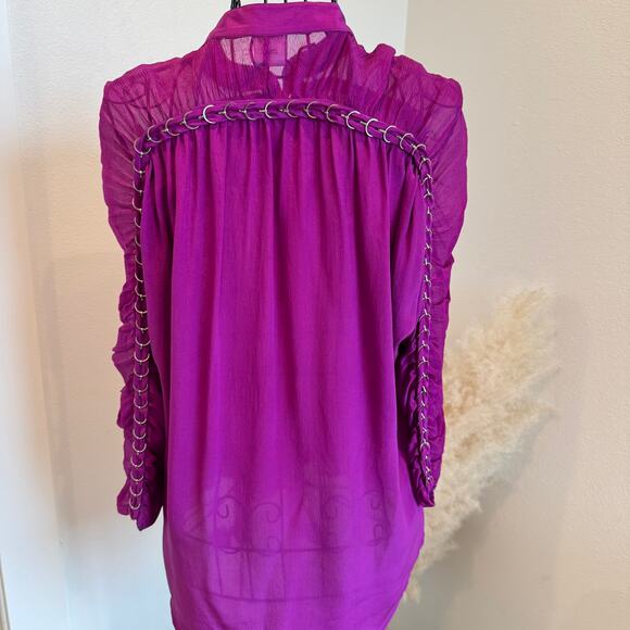 Sachin & Babi Silk Mock Neck Purple Sheer Ruched Sleeve Blouse Small - Picture 3 of 7